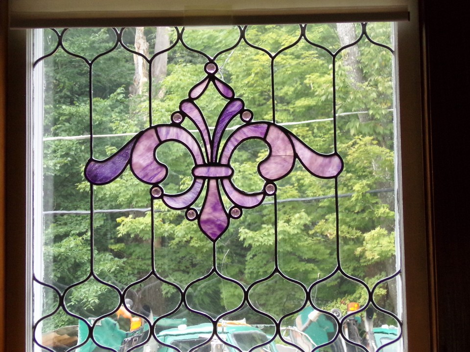 stained glass windows in the dining area.